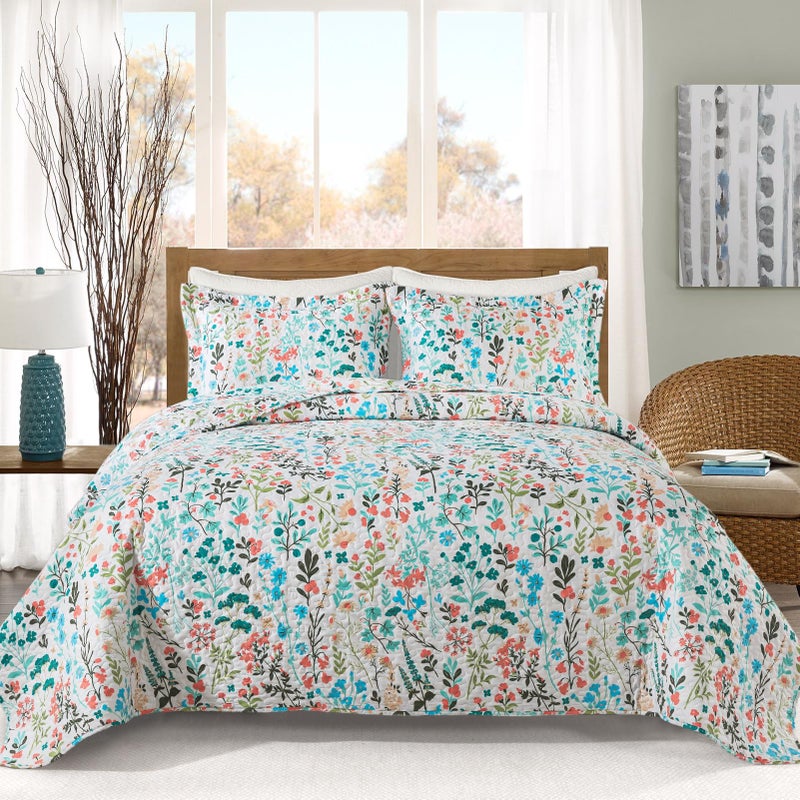 VAPUTAR Queen Quilt Bedding Set-3 Pieces Botanical Quilt Queen Size (90 x 98 inch)  Reversible Queen Coverlet with Garden Style Floral Pattern  Bedspread Queen Size Suitalble for All Season. - Image 1